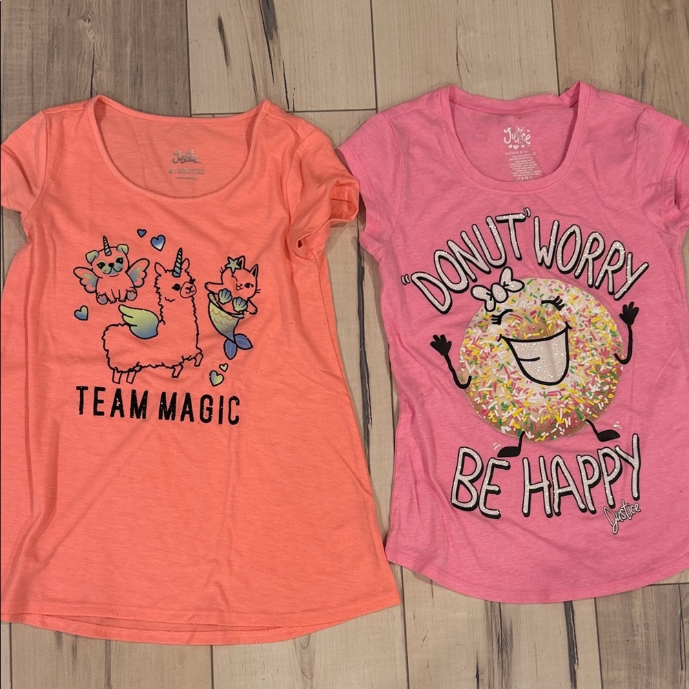 Justice Pink & Coral Girls' Graphic  Tops - Team Magic & Donut Worry